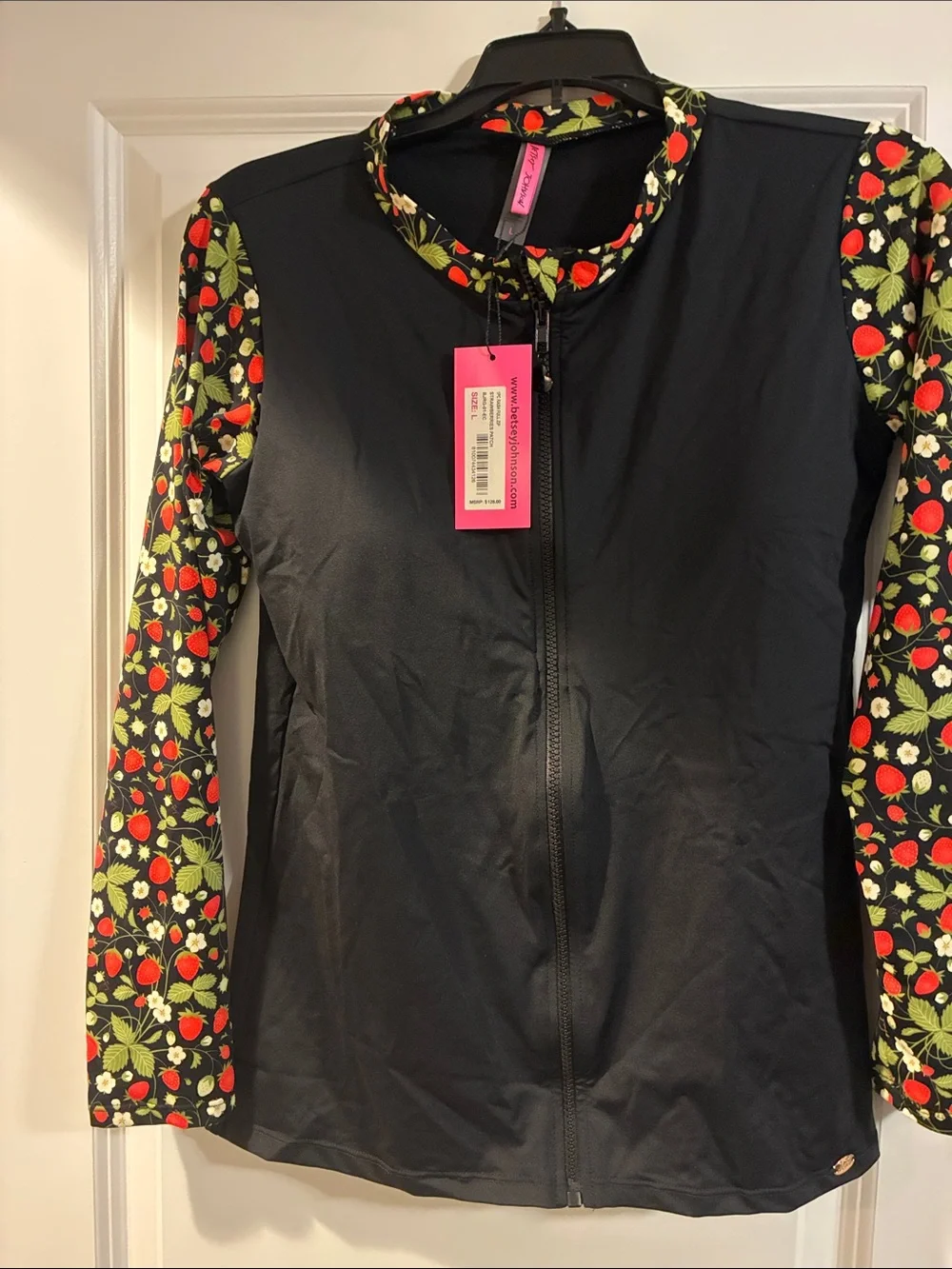 Betsey Johnson Black Zip-Front Rash Guard with Strawberry-Print Sleeves